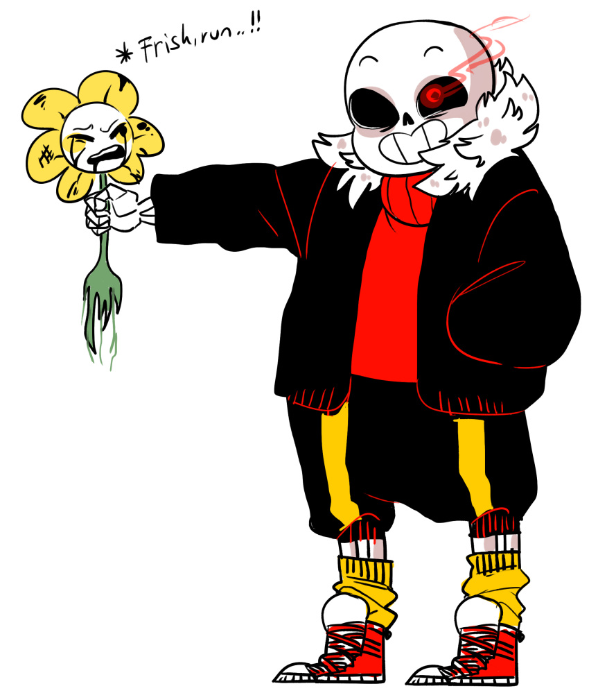 alternate_universe animated_skeleton bone clothing duo english_text flora_fauna flower flowey_the_flower flowey_the_flower_(underfell) footwear gold_(metal) gold_tooth hi_res male open_mouth plant red_eyes sans_(underfell) sans_(undertale) shoes simple_background skeleton text undead underfell undertale unknown_artist video_games white_background yelling