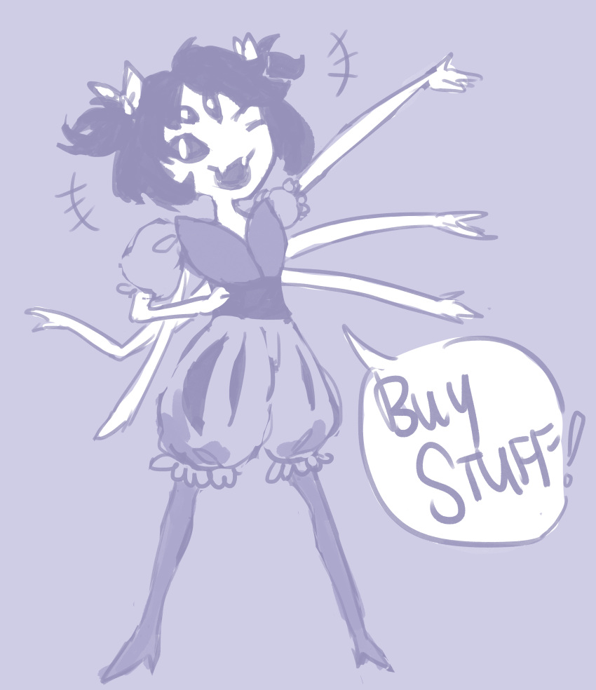 2015 anthro arachnid arthropod black_hair clothing dress english_text eyes_closed fangs female hair hair_bow hair_ribbon hi_res muffet multi_eye multi_limb one_eye_closed open_mouth ribbons smile solo speech_bubble spider text undertale unknown_artist video_games villainsbynecessity wink