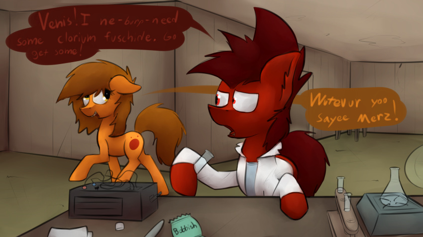 16:9 braces clothing cutie_mark dialogue digital_media_(artwork) duo earth_pony english_text equine fan_character female feral fur hooves horse inside laboratory male mammal mars_miner marsminer my_little_pony pony red_fur science text venus_spring