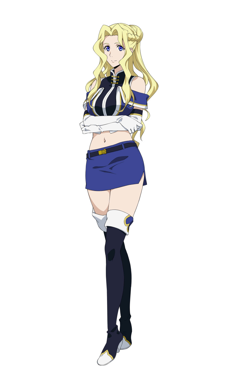 absurdres belt black_footwear blonde_hair blue_skirt boots crop_top crossed_arms elbow_gloves eyes full_body gloves grancrest_senki highres laura_hardly long_hair looking_at_viewer miniskirt navel pencil_skirt simple_background skirt smile solo standing stomach thigh_boots thighhighs white_background white_gloves