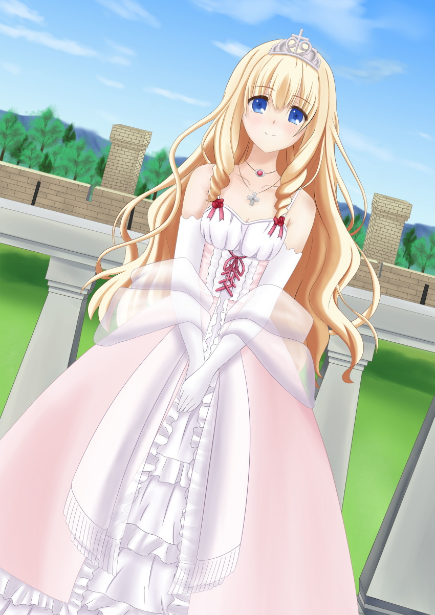absurdres amagi_brilliant_park blonde_hair blue_eyes blue_sky breasts cleavage collarbone day diadem dress dutch_angle elbow_gloves eyebrows_visible_through_hair gloves hands_together highres jewelry latifa_fleuranza long_dress long_hair looking_at_viewer necklace outdoors shikkoku_no_hitomi sky sleeveless sleeveless_dress small_breasts solo very_long_hair white_gloves