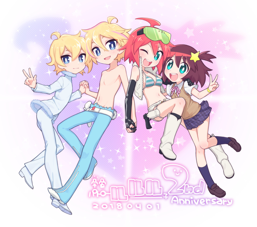 1girl ahoge alpha_omega_nova anniversary bikini_top blonde_hair blue_eyes boots brown_hair copyright_name cropped_jacket dual_persona floating green_eyes highres holding_hands looking_at_viewer luluco mt.somo multicolored_hair no_nipples red_hair school_uniform shirtless short_hair spoilers streaked_hair trigger-chan trigger_(company) uchuu_patrol_luluco vest