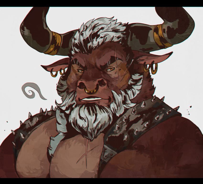 2017 anthro beard bovine cattle ear_piercing facial_hair facial_piercing hair horn horn_ring male mammal muscular muscular_male nose_piercing nose_ring pecs piercing scar simple_background solo teeth vetrowolf white_background white_hair