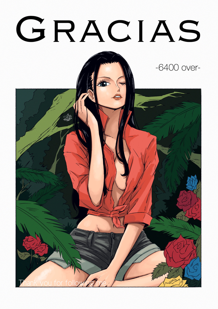absurdres blue_eyes border breasts cleavage commentary_request flower front-tie_top hand_in_hair highres large_breasts leaf lips long_hair looking_at_viewer navel nico_robin one_eye_closed one_piece open_clothes open_shirt outside_border parted_lips plant sherumaru_(korcht06) shirt short_shorts shorts smile solo spanish text_focus tied_shirt