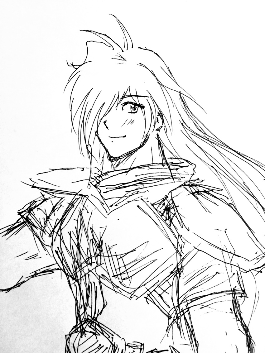 1boy armor gourry_gabriev light_smile long_hair looking_at_viewer monochrome slayers smile solo swordman upper_body