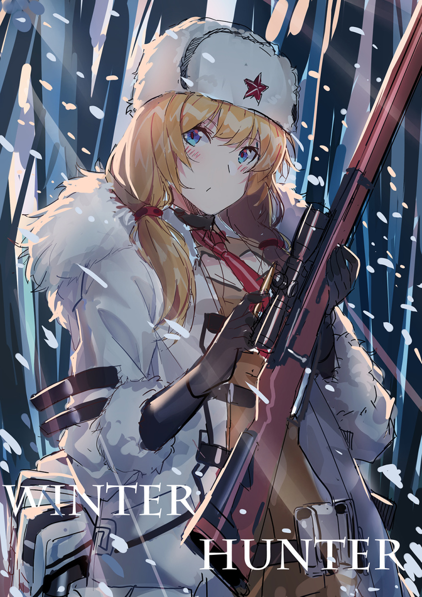 ammunition_pouch belt blonde_hair blue_eyes bolt_action brown_sweater bullet closed_mouth coat commentary echj english fur-trimmed_coat fur_hat fur_trim girls_frontline gloves gun hat highres jacket long_hair mosin-nagant mosin-nagant_(girls_frontline) necktie pouch red_star ribbed_sweater rifle scope sniper_rifle snow snowing solo sweater ushanka weapon white_hat white_jacket