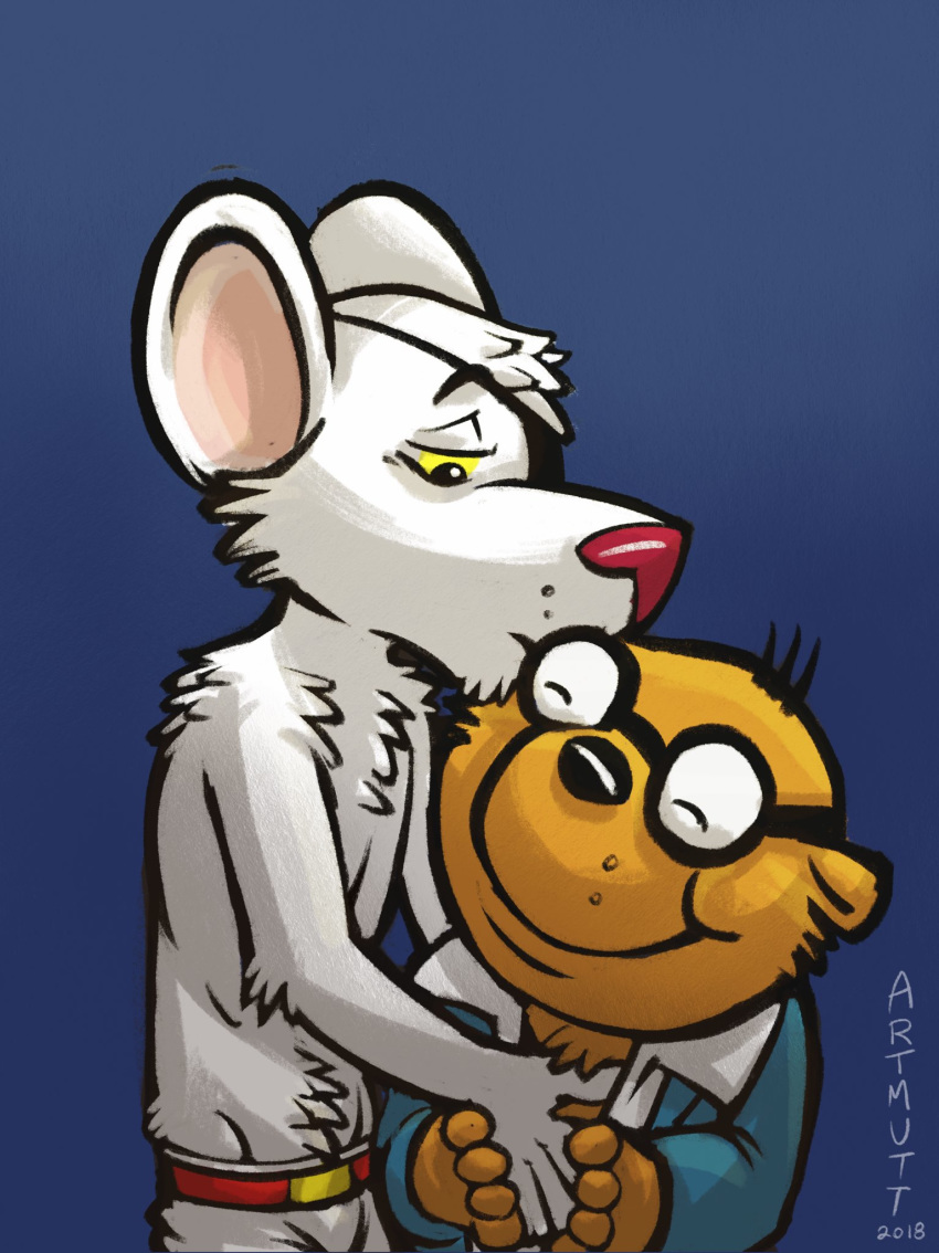 danger_mouse danger_mouse_(series) eye_patch eyewear fur hi_res k-9 kissing male mammal mouse rodent simple_background white_fur