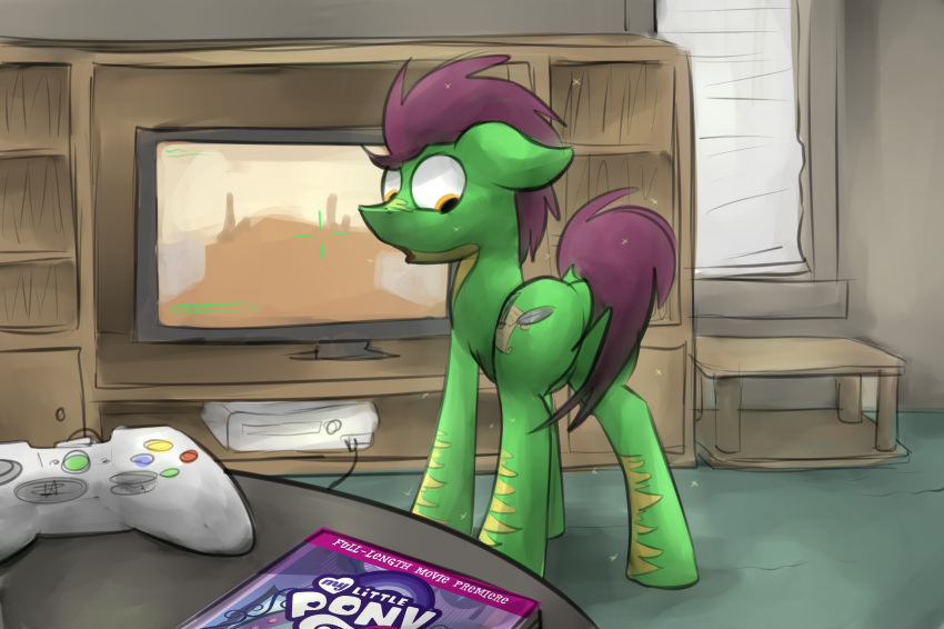 ambiguous_gender controller crossover detailed_background digital_media_(artwork) earth_pony equine feral game_controller horse living_room mammal marsminer microsoft my_little_pony pony rear_view solo television troodon_(character) video_games xbox