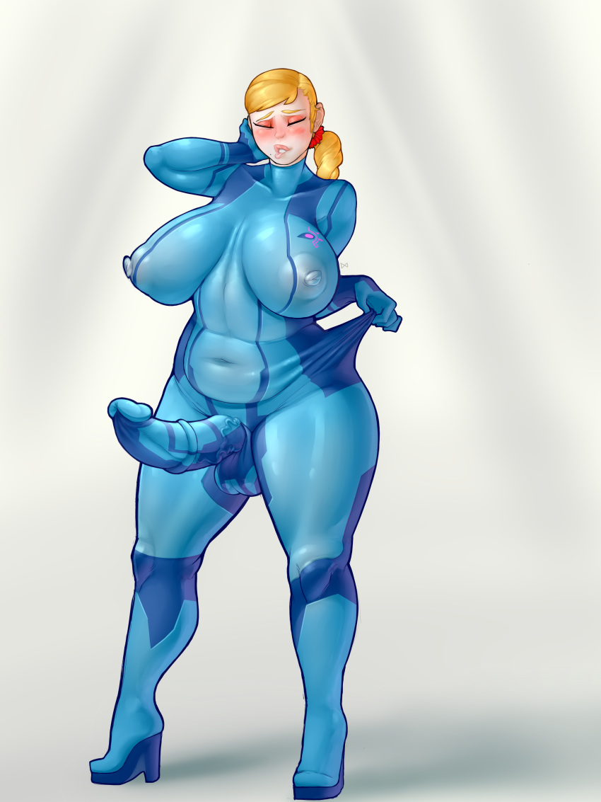 1girl bangs biting blonde_hair blush bodysuit breasts breasts_apart clothes covered_navel erect_nipples erection erection_under_clothes eyes_closed female futanari high_heels highres huge_breasts impossible_clothes large_breasts lip_biting lips long_hair mole navel nipples penis plump ponytail puffy_nipples samus_aran see-through skin_tight solo standing stretch testicles thick_thighs thighs uncensored undersized_clothes upright-infinity veiny_penis wide_hips zero_suit