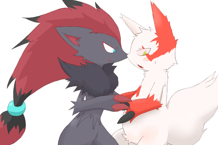 2010 ambiguous_gender anthro blue_eyes blush claws duo fur grey_fur looking_away nintendo open_mouth pok&eacute;mon pok&eacute;mon_(species) red_fur simple_background standing video_games white_background white_fur yellow_eyes zangoose zoroark ドロン