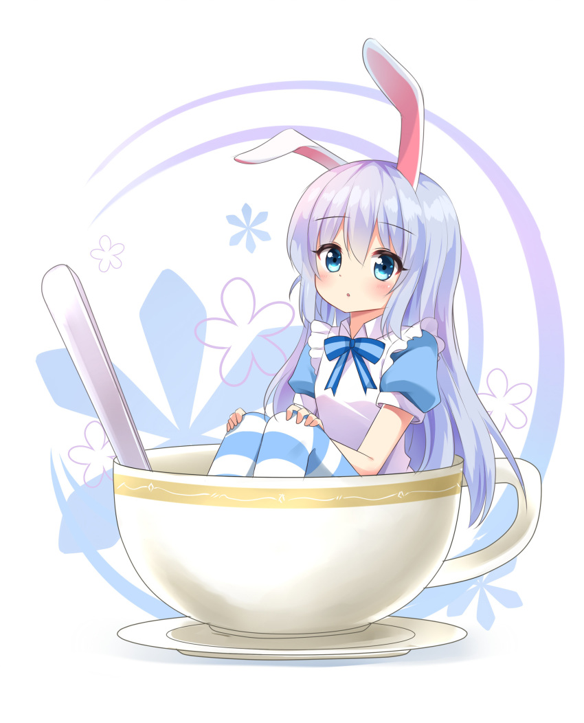 1girl absurdres agung_syaeful_anwar alice_(wonderland) alice_(wonderland)_(cosplay) alice_in_wonderland animal_ears apron blue_eyes blue_hair blue_legwear blue_neckwear blush bow bowtie bunny_ears commentary cosplay cup english_commentary eyebrows_visible_through_hair gochuumon_wa_usagi_desu_ka? highres in_container in_cup kafuu_chino long_hair looking_at_viewer pantyhose parted_lips puffy_short_sleeves puffy_sleeves short_sleeves sitting solo spoon striped striped_legwear teacup tray white_apron