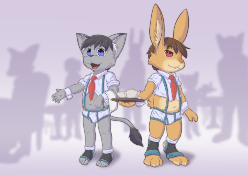 anthro bramble_(hitsunekun) briefs bulge cat clothing cub feet feline hitsunekun kamui_(hitsunekun) lagomorph male mammal paws rabbit underwear white_underwear young