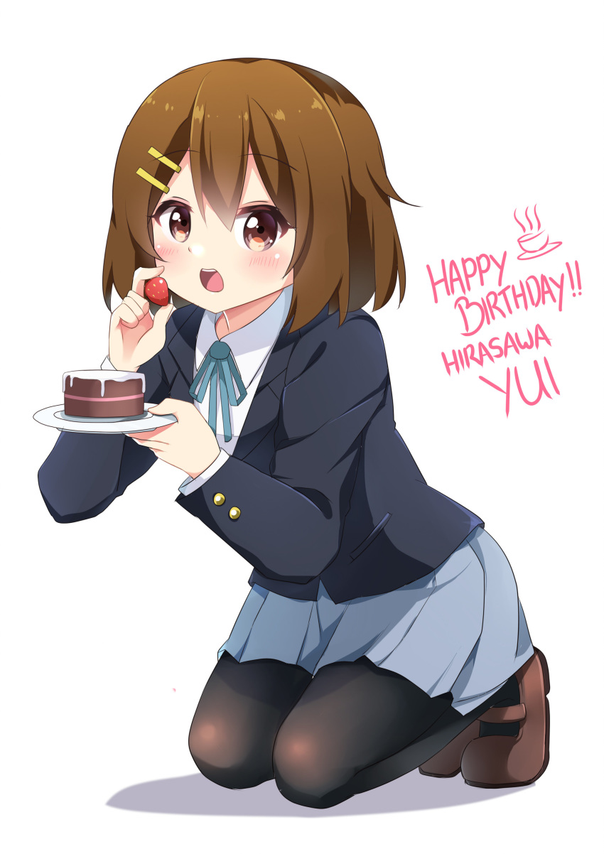 1girl absurdres agung_syaeful_anwar black_jacket black_legwear blue_neckwear blue_ribbon blue_skirt blush brown_footwear brown_hair character_name collared_shirt commentary english english_commentary food fruit hair_ornament hairclip highres hirasawa_yui holding holding_plate jacket kneeling long_sleeves looking_at_viewer neck_ribbon open_mouth pantyhose plate pleated_skirt red_eyes ribbon school_uniform shirt shoes short_hair simple_background skirt solo strawberry strawberry_shortcake white_background white_shirt wing_collar