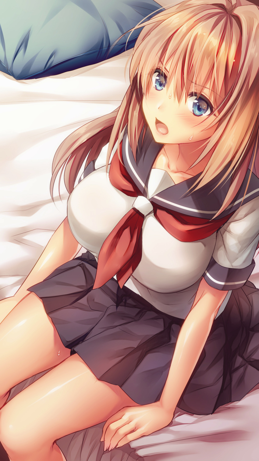 1girl bangs bare_legs bed blue_eyes blue_skirt blush breasts fall_into..._:osananajimi_ga_netorareru from_above highres large_breasts legs long_hair long_image looking_at_viewer open_mouth orange_hair original pillow russian_neko sailor_collar school_uniform serafuku short_sleeves sitting skirt solo sweat sweatdrop thighs