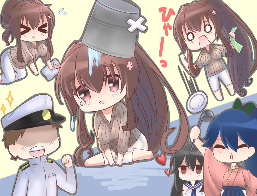 &gt;_&lt; 3girls admiral_(kantai_collection) black_hair brown_hair clumsy commentary_request dojikko flower hair_flower hair_ornament hakama hat headgear high_ponytail highres houshou_(kantai_collection) japanese_clothes kantai_collection long_hair mibo91c military military_hat military_uniform multiple_girls naval_uniform peaked_cap ponytail red_eyes school_uniform serafuku sparkle tasuki uniform very_long_hair yahagi_(kantai_collection) yamato_(kantai_collection)