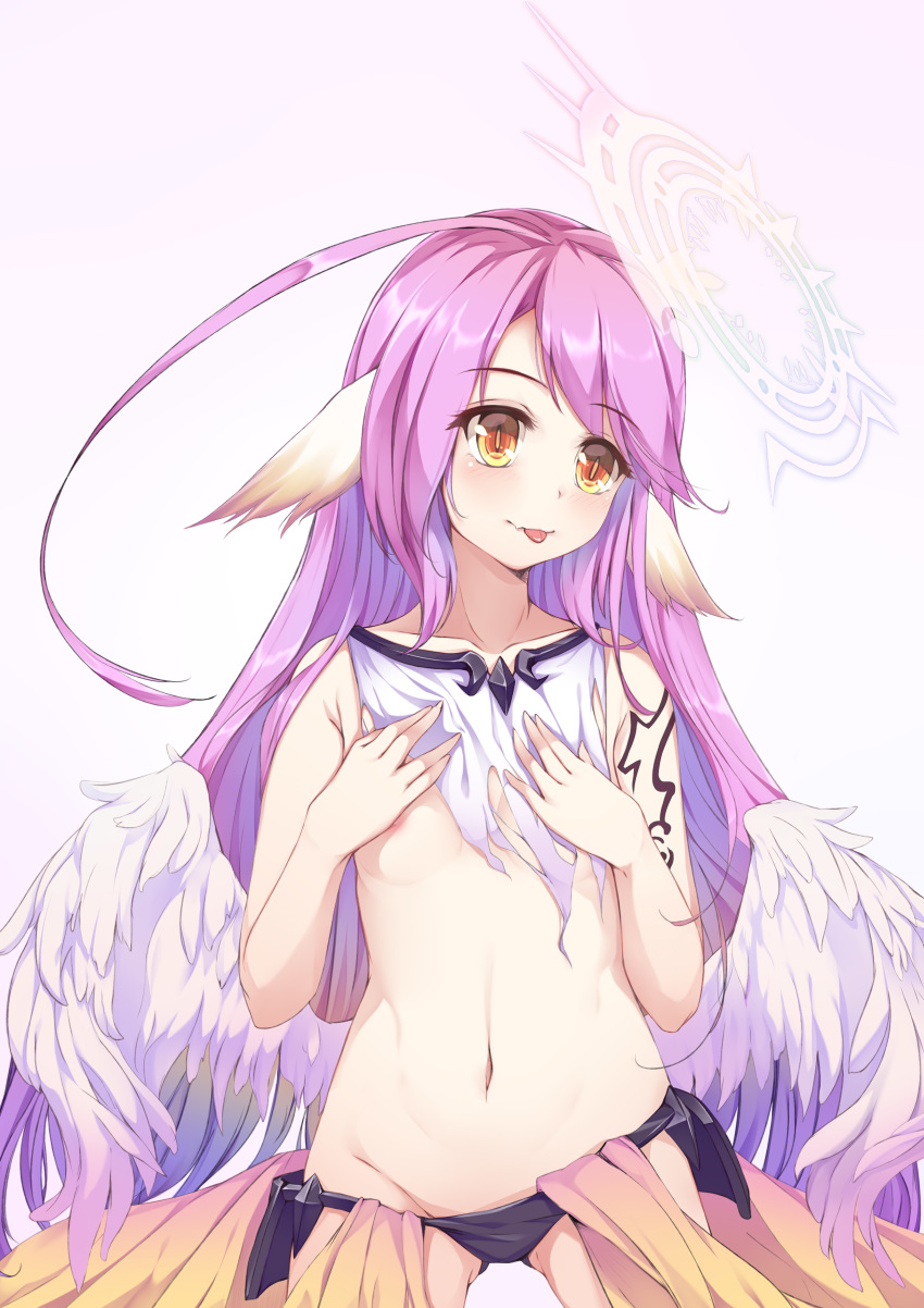 :p absurdres age_regression areola_slip areolae bare_shoulders blush breasts c_(pixiv3064042) commentary_request covering_nipples cowboy_shot feathered_wings groin halo hands_on_own_chest highres jibril_(no_game_no_life) long_hair looking_at_viewer navel no_game_no_life revealing_clothes simple_background small_breasts solo stomach tattoo tongue tongue_out torn_clothes very_long_hair white_background wings younger