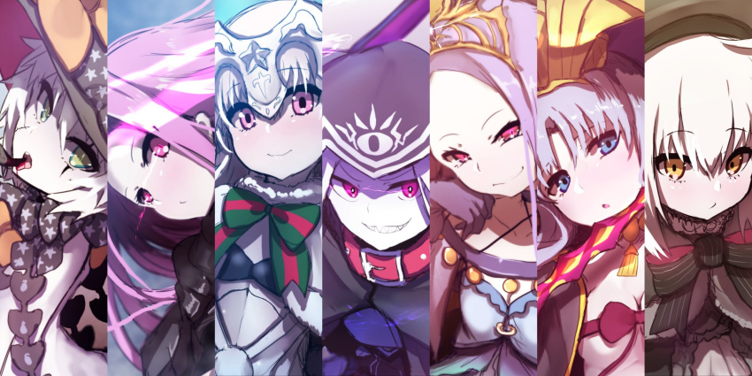 :o abigail_williams_(fate/grand_order) abigail_williams_(fate/grand_order)_(cosplay) bangs beret bikini_top black_bikini_top black_bow black_capelet black_dress black_gloves black_hat blood blue_dress blue_eyes blush bow breasts capelet caster_lily caster_lily_(cosplay) cleavage closed_mouth collarbone column_lineup cosplay dress evil_grin evil_smile eyebrows_visible_through_hair facial_scar fate/extra fate/grand_order fate_(series) finger_to_mouth fur-trimmed_capelet fur_trim gloves glowing glowing_eyes green_bow green_eyes grin hair_between_eyes hat head_tilt headdress headpiece highres hood hood_up hooded_capelet jack_the_ripper_(fate/apocrypha) jack_the_ripper_(fate/apocrypha)_(cosplay) jeanne_d'arc_(fate)_(all) jeanne_d'arc_alter_santa_lily jeanne_d'arc_alter_santa_lily_(cosplay) looking_at_viewer medusa_(lancer)_(fate) medusa_(lancer)_(fate)_(cosplay) multiple_girls nursery_rhyme_(fate/extra) nursery_rhyme_(fate/extra)_(cosplay) orange_bow pale_skin parted_bangs parted_lips pink_eyes pink_hair print_bow protected_link purple_bow purple_eyes purple_ribbon red_collar revealing_clothes ribbon ribbon_bra rider scar scar_across_eye scar_on_cheek sharp_teeth silver_hair small_breasts smile star star_print striped striped_bow teeth tiara tongue tongue_out wada_kazu white_dress witch_hat wu_zetian_(fate/grand_order) wu_zetian_(fate/grand_order)_(cosplay)