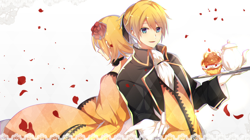 1girl aku_no_meshitsukai_(vocaloid) allen_avadonia anniversary argyle argyle_background back back-to-back black_jacket black_ribbon blazer blonde_hair blue_eyes brioche brother_and_sister cake choker cravat dress evillious_nendaiki flower food gloves gold_trim hair_ribbon highres holding holding_tray jacket kagamine_len kagamine_rin lace lace-trimmed_dress lace_trim looking_at_viewer open_mouth outstretched_hand pastry petals reaching_out red_petals ribbon riliane_lucifen_d'autriche rose short_hair siblings smile teapot tray twins vocaloid white_gloves yellow_dress yellow_jacket yuken_52