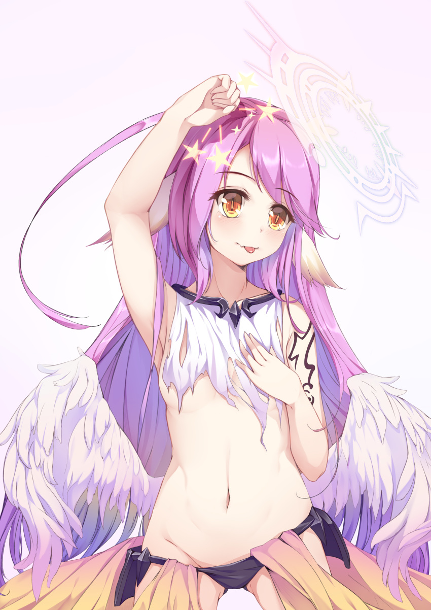 :p absurdres age_regression bare_shoulders blush breasts c_(pixiv3064042) clenched_hand covering_nipples cowboy_shot feathered_wings groin halo hand_on_own_chest hand_on_own_head hands_on_own_chest highres jibril_(no_game_no_life) long_hair looking_at_viewer navel no_game_no_life revealing_clothes simple_background small_breasts solo star stomach tattoo tongue tongue_out torn_clothes very_long_hair white_background wings younger