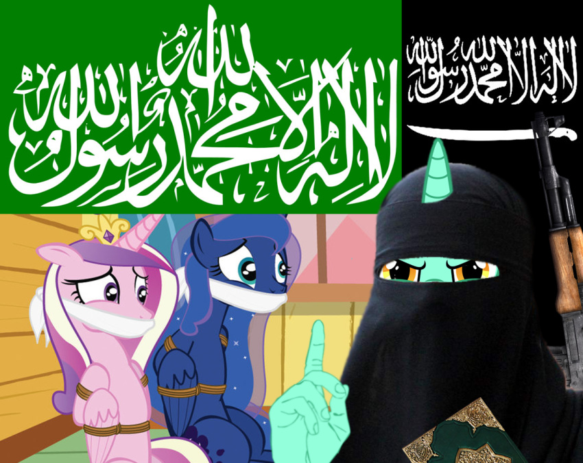 ak_47 anthro biting_political_commentary blue_feathers edit equine feathered_wings feathers female feral friendship_is_magic group horn isis_(disambiguation) kidnap lyra_heartstrings_(mlp) mammal my_little_pony pink_feathers politics princess_cadance_(mlp) princess_luna_(mlp) radiantrealm shopped terrorism unicorn winged_unicorn wings