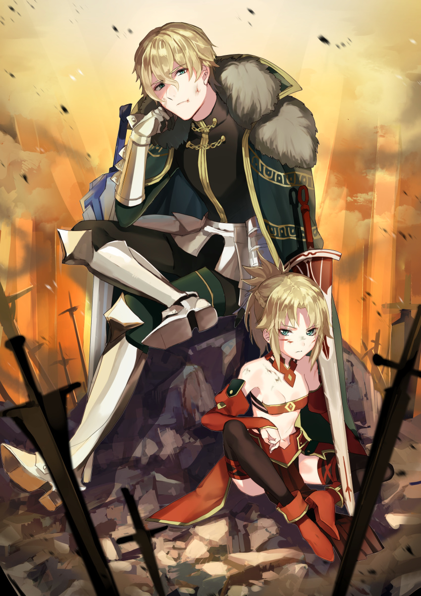 1girl absurdres arm_support armored_boots bangs bare_shoulders black_legwear black_pants black_shirt blonde_hair blurry blurry_foreground boots breasts bruise cape cleavage closed_mouth depth_of_field derori detached_sleeves eyebrows_visible_through_hair fate/apocrypha fate/grand_order fate_(series) fur-trimmed_cape fur_trim gauntlets gawain_(fate/grand_order) green_cape green_eyes hair_between_eyes highres injury long_hair long_sleeves looking_at_viewer md5_mismatch mordred_(fate) mordred_(fate)_(all) pants parted_bangs pelvic_curtain planted_sword planted_weapon red_footwear shirt sitting sleeves_past_wrists small_breasts sword thighhighs weapon