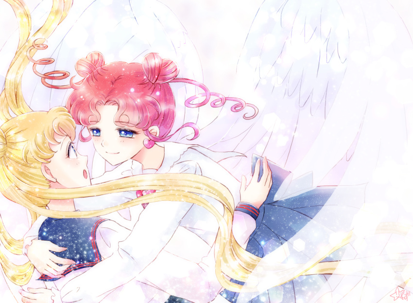 :o bishoujo_senshi_sailor_moon blonde_hair blouse blue_eyes blue_skirt chibi_chibi closed_mouth double_bun drill_hair earrings eye_contact feathered_wings heart heart_earrings hoshikuzu_(milkyway792) hug jewelry juuban_high_school_uniform long_hair looking_at_another looking_at_viewer multiple_girls older open_mouth red_hair short_hair sidelocks skirt smile tsukino_usagi twin_drills twintails upper_body white_blouse white_wings wings