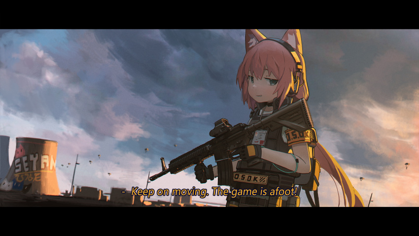 alternate_costume animal_ear_fluff animal_ears assault_rifle black_gloves building cat_ears cloud cloudy_sky english gloves green_eyes gun headphones heckler_&amp;_koch highres hinata_channel hk416 holding holding_gun holding_weapon letterboxed long_hair looking_at_viewer low_twintails military military_uniform nandemo_iu_koto_wo_kiite_kureru_akane-chan_(voiceroid) nekomiya_hinata outdoors pink_hair rifle sky solo subtitled twintails uniform virtual_youtuber waterkuma weapon