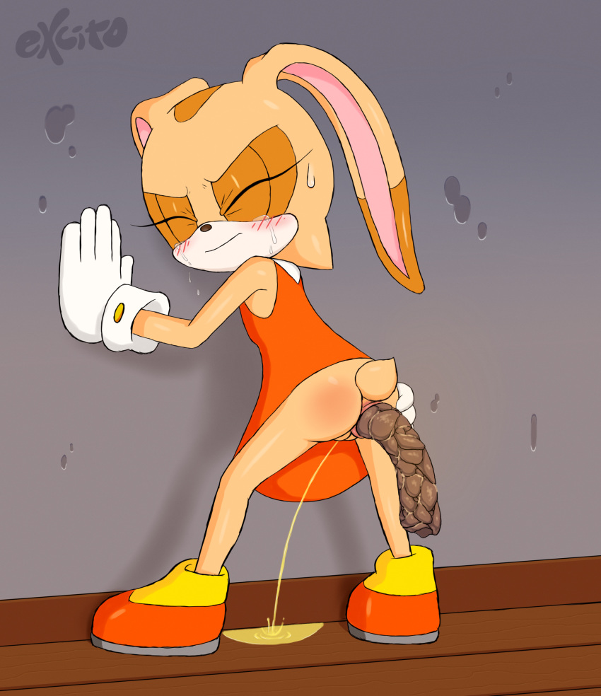 alternate_version_at_source anthro anus bent_over blush butt clothing cream_the_rabbit dress excito eyelashes eyes_closed feces female footwear gloves lagomorph mammal peeing pooping presenting pussy rabbit scat shoes solo sonic_(series) spread_anus spreading standing sweat tears urine