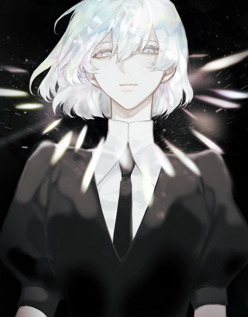 absurdres androgynous colored_eyelashes diamond_(houseki_no_kuni) gem_uniform_(houseki_no_kuni) highres houseki_no_kuni looking_at_viewer necktie short_hair solo syogo_(9bo93) upper_body white_eyes white_hair