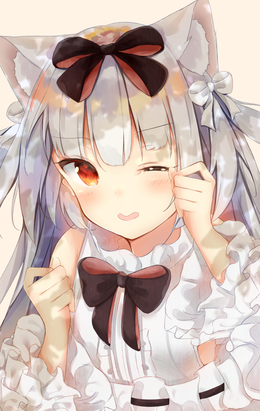 ;d animal_ears azur_lane bad_id bad_pixiv_id bangs bare_shoulders black_bow blush bow brown_background brown_eyes cat_ears commentary dress eyebrows_visible_through_hair frills hair_bow highres long_hair long_sleeves looking_at_viewer one_eye_closed open_mouth sashima silver_hair smile solo tears two_side_up white_bow white_dress wide_sleeves wiping_tears yukikaze_(azur_lane)