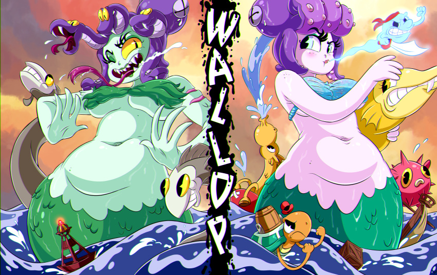 animal animal_on_head bare_arms bare_shoulders belly bikini blue_eyes blush breasts buoy button_eyes cala_maria_(cuphead) centaurengine cloud cloudy_sky crate cuphead_(game) curvy dusk eel eyebrows eyelashes eyeshadow fangs forked_tongue ghost giantess gorgon green_bikini_top green_lipstick highres large_breasts lipstick long_hair looking_down looking_to_the_side makeup mermaid monster_girl multicolored multicolored_sky navel ocean octopus oldschool on_head open_mouth outdoors partially_submerged plump puffer_fish purple_hair pursed_lips scales seahorse sharp_teeth shell shell_bikini sky slit_pupils smile snake snake_hair sunset swimsuit swordfish teeth tentacle_hair tongue turtle turtle_shell underboob water waves wet yellow_sclera