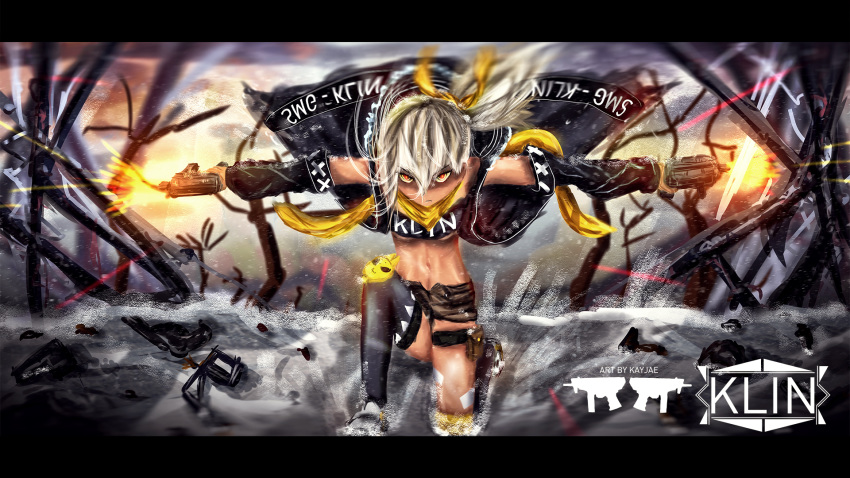 action bandana bangs bare_shoulders bare_tree black_legwear bright_pupils character_name closed_mouth clothes_writing commentary dark_skin detached_sleeves dual_wielding firing floating_hair full_body girls_frontline green_eyes grey_hair gun hair_between_eyes hair_ornament highres holding holding_gun holding_weapon hood hoodie kayjae klin_(girls_frontline) letterboxed midriff navel one_knee open_mouth pouch serious shaded_face short_ponytail sidelocks single_thighhigh snow solo stomach submachine_gun thigh_strap thighhighs tree twintails weapon wind wind_lift yellow_eyes