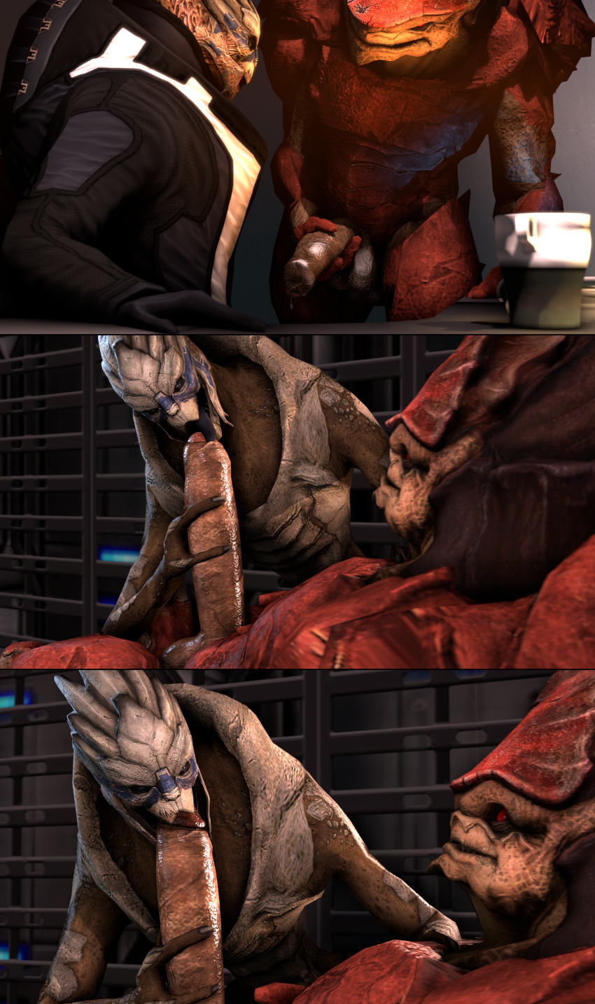 3d_(artwork) alien balls big_penis clothing digital_media_(artwork) fellatio foreskin garrus_vakarian hadronighini krogan male male/male mass_effect multi_balls oral penis presenting presenting_penis sex suit thick_penis turian uncut urdnot_wrex video_games