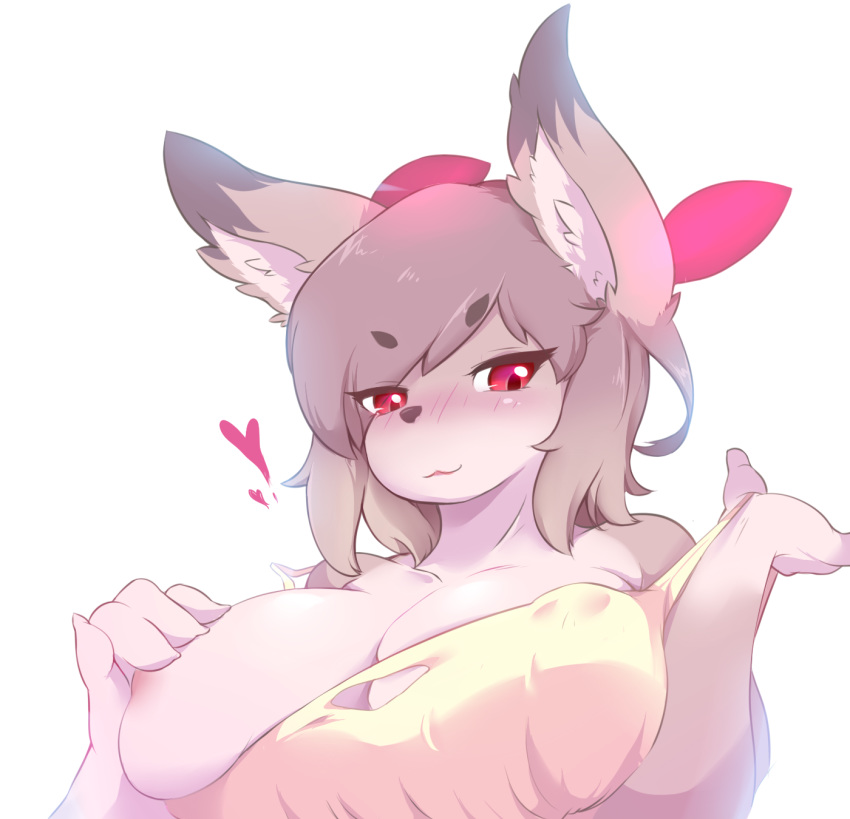 &lt;3 2017 anthro big_breasts blush breasts brown_hair bust_portrait canine cecily_lin covering covering_breasts exposed_breasts female fox hair inner_ear_fluff looking_at_viewer mammal nipple_bulge one_breast_out portrait red_eyes simple_background smile solo white_background