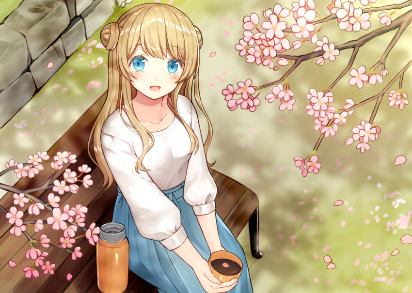 :d bangs bench blonde_hair blue_eyes blush breasts collarbone commentary_request cup day double_bun eyebrows_visible_through_hair flower from_above holding holding_cup kurata_rine long_hair long_sleeves looking_at_viewer looking_up medium_breasts on_bench open_mouth original outdoors park_bench petals pink_flower puffy_long_sleeves puffy_sleeves revision shirt side_bun sitting sitting_on_bench smile solo stone_wall thermos very_long_hair wall white_shirt