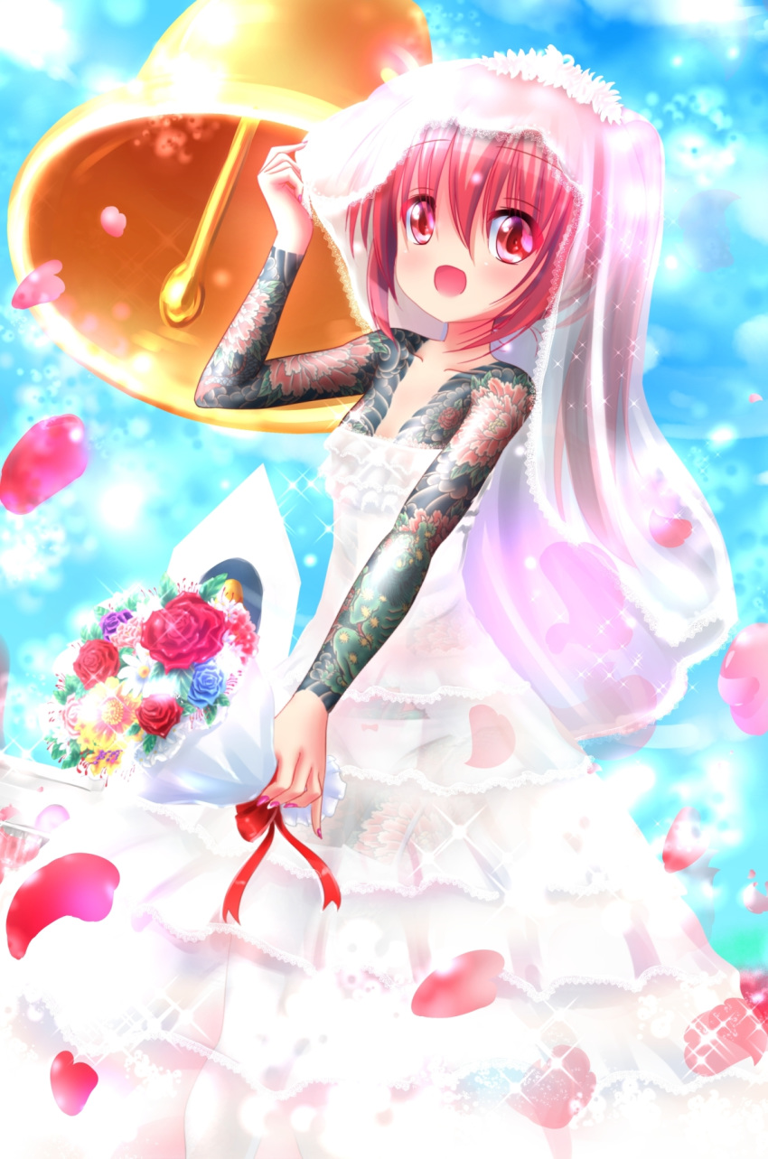 1girl bell bouquet bride bride_dress dress full_body_tattoo highres long_hair looking_at_viewer nail_polish open_mouth original panties red_eyes red_hair ribbon seiji_(artist) tattoo