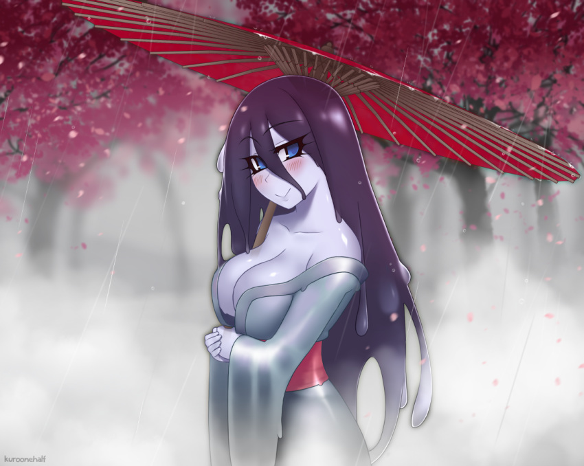 :&gt; artist_name blue_eyes blush breasts collarbone commentary eyebrows_visible_through_hair eyes_visible_through_hair goo_girl hair_between_eyes japanese_clothes kimono kuroonehalf large_breasts long_hair looking_at_viewer monster_girl monster_girl_encyclopedia no_bra nureonago oriental_umbrella petals purple_hair rain smile solo tree umbrella water_drop wide_sleeves