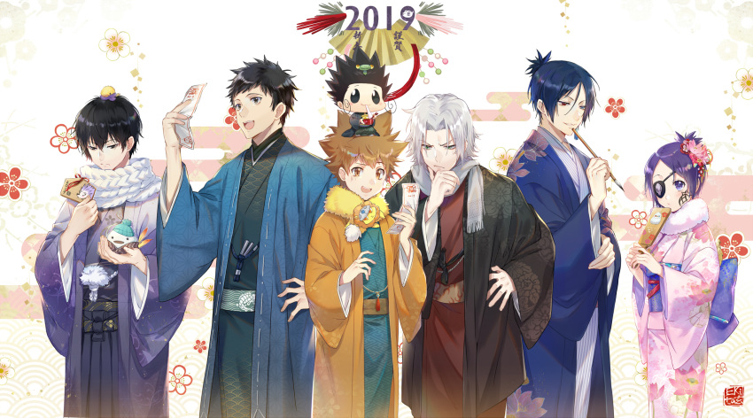 1boy 1girl 2019 5boys :d anger_vein bird black_eyes black_hair blue_eyes blue_hair blush brown_eyes calligraphy_brush chibi chibi_on_head chick chick_on_head chrome_dokuro closed_mouth ekita_xuan facial_mark floral_background floral_print flower fur_trim gokudera_hayato hagoita hair_between_eyes hair_flower hair_ornament half-closed_eyes hand_on_hip hand_on_own_chin haori heterochromia hibari_kyouya highres holding japanese_clothes katekyo_hitman_reborn! kimono long_sleeves looking_at_viewer male_focus multiple_boys obi omikuji on_head open_mouth paddle paintbrush pink_flower pink_kimono purple_eyes purple_hair raised_eyebrows red_eyes rokudou_mukuro sash sawada_tsunayoshi scarf signature smile solo spiked_hair standing white_scarf wide_sleeves yamamoto_takeshi