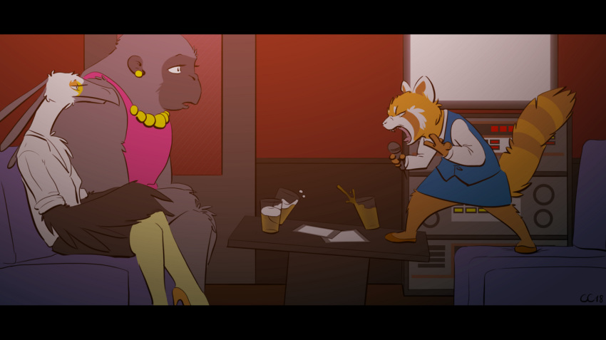 aggressive_retsuko alcohol anthro ape avian beer being_watched beverage bird clothed clothing coatl_(artist) cup detailed_background dress dress_shirt female fully_clothed gori gorilla group jewelry karaoke mammal necklace pearl_necklace primate red_panda retsuko sanrio secretary_bird shirt singing sitting skirt sofa standing table vest washimi