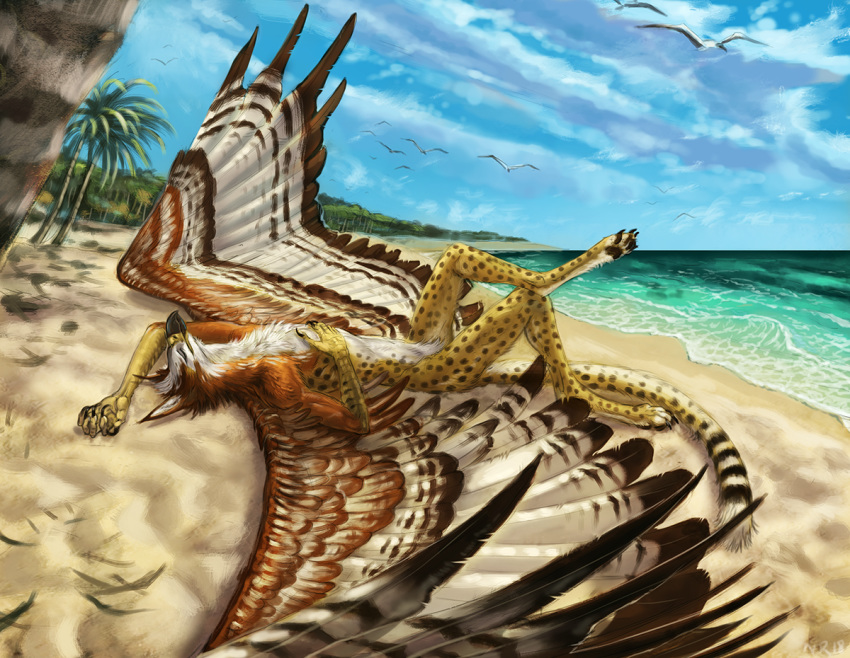 2018 anthro avian beach bird cheetah day detailed_background digital_media_(artwork) digitigrade feline fur hawk hybrid lying mammal on_back outside sand seaside sky smile solo spots spotted_fur tatchit water yellow_fur