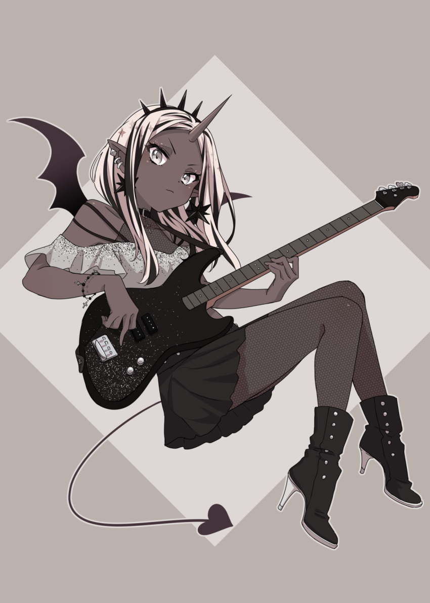 bangs bass_guitar black_footwear black_skirt blonde_hair boots bracelet closed_mouth dark_skin demon_girl demon_tail demon_wings earrings fishnets flying full_body grey_eyes grey_shirt high_heel_boots high_heels highres holding holding_instrument horn instrument jewelry looking_at_viewer multicolored_hair music off_shoulder original parted_bangs personification playing_instrument pointy_ears shirt skirt solo streaked_hair tail westxost_(68monkey) wings