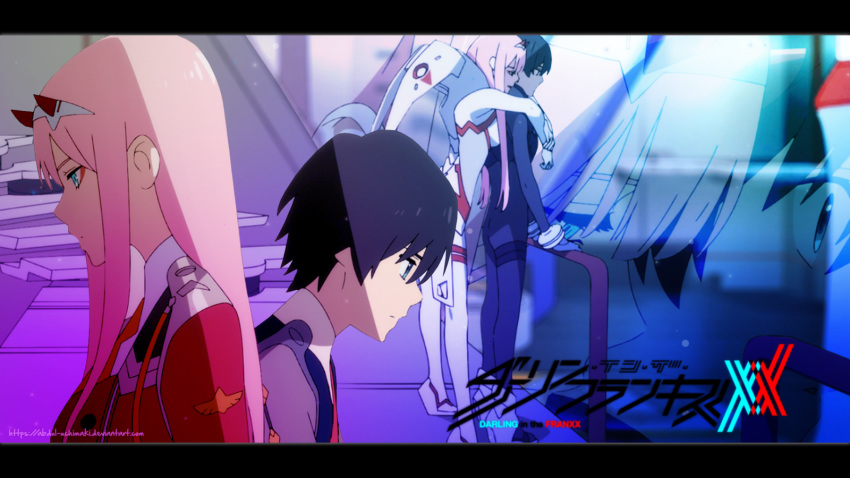16:9_aspect_ratio 1boy 1girl black_hair couple darling_in_the_franxx high_resolution hiro_(darling_in_the_franxx) horns long_hair oni_horns pink_hair short_hair tagme wallpaper white_hairband zero_two_(darling_in_the_franxx)