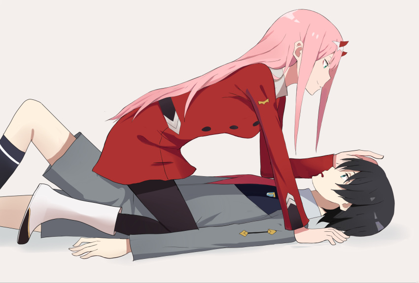 1girl bangs black_hair black_legwear blue_eyes boots breasts commentary couple darling_in_the_franxx girl_on_top green_eyes hair_ornament hairband hand_on_another's_head hetero highres hiro_(darling_in_the_franxx) horns kenkaizar long_hair long_sleeves looking_at_another lying military military_uniform necktie on_back oni_horns pantyhose pink_hair red_horns red_neckwear socks straddling uniform white_footwear white_hairband zero_two_(darling_in_the_franxx)