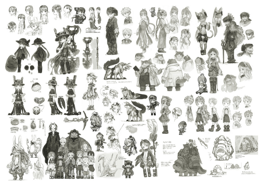 6+boys 6+girls animal_ears beard belchero_(made_in_abyss) blush bondrewd boots breasts bunny_ears cat_ears cat_tail chibi closed_mouth commentary_request eyebrows_visible_through_hair facial_hair full_body furry gears_maiden glasses greyscale habolg_(made_in_abyss) helmet holding holding_staff jiruo_(made_in_abyss) kiyui_(made_in_abyss) lafy_(made_in_abyss) long_hair looking_at_another looking_at_viewer lyza made_in_abyss maruruk medium_breasts mio_(made_in_abyss) mitty_(made_in_abyss) monochrome multiple_boys multiple_girls multiple_views nanachi_(made_in_abyss) natt_(made_in_abyss) navel open_mouth otoko_no_ko ozen parted_lips pointy_ears ponytail regu_(made_in_abyss) riko_(made_in_abyss) rocca_(gears_maiden) shiggy_(made_in_abyss) short_hair shovel simple_background smile staff tail thigh_boots thighhighs torka translation_request tsukushi_akihito twintails very_long_hair white_background