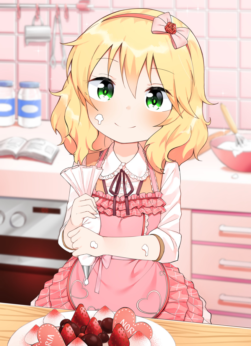 absurdres apron bad_id bad_pixiv_id bangs black_ribbon blonde_hair blurry blurry_background blush book cake closed_mouth depth_of_field eyebrows_visible_through_hair food food_on_face frilled_apron frilled_shirt_collar frills fruit green_eyes hair_between_eyes heart highres holding idolmaster idolmaster_cinderella_girls indoors kitchen long_hair long_sleeves mixing_bowl neck_ribbon noria open_book pastry_bag pink_apron ribbon sakurai_momoka shirt smile solo strawberry whisk white_shirt