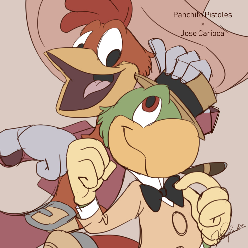 2018 4_fingers absurd_res anthro avian beak belt bird bow_tie character_name chicken clothed clothing colored_sketch digital_drawing_(artwork) digital_media_(artwork) disney duo feathers fist_bump gloves green_feathers hat hi_res jos&eacute;_carioca looking_at_another open_mouth open_smile panchito_pistoles parrot red_eyes red_feathers signature simple_background smile tan_background the_three_caballeros yellow_beak yellow_gloves yuki_kusama