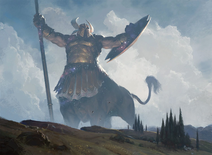 armor bottomless breastplate clothed clothing cloud day deity detailed front_view helmet holding_object holding_weapon human iroas landscape macro magic_the_gathering male mammal muscular muscular_male official_art outside pteruges shield sky slawomir_maniak solo spread_arms star tail_tuft taur tree tuft vambraces weapon