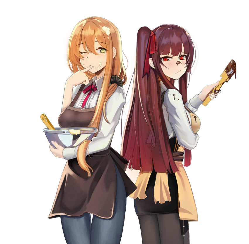 alternate_costume apron bad_id bad_pixiv_id bangs black_legwear black_scrunchie blush bowl breasts brown_hair cake_batter casual chocolate chocolate_on_face collared_shirt commentary cream cream_on_face embarrassed eyebrows_visible_through_hair finger_licking food food_on_face girls_frontline green_eyes hair_between_eyes hair_over_shoulder hair_ribbon holding holding_bowl large_breasts licking long_hair long_sleeves looking_at_viewer low-tied_long_hair m1903_springfield_(girls_frontline) mixing mixing_bowl multiple_girls one_eye_closed one_side_up pants pantyhose purple_hair red_eyes red_neckwear ribbon scrunchie shirt sidelocks simple_background skirt smile spatula tsundere tsurime very_long_hair wa2000_(girls_frontline) wavy_mouth white_background xzzcz01