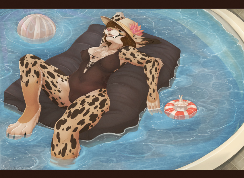 2017 4_toes 5_fingers anthro breasts brown_hair camel_toe chest_tuft claws clothed clothing day digital_media_(artwork) eyes_closed feline female fur hair hat hi_res lying lynx maid. mammal mature_female multicolored_fur nipple_bulge on_back outside pink_nose relaxing slightly_chubby smile solo spots spotted_fur swimsuit toe_claws toes translucent tuft water whiskers zaire_(nightdancer)