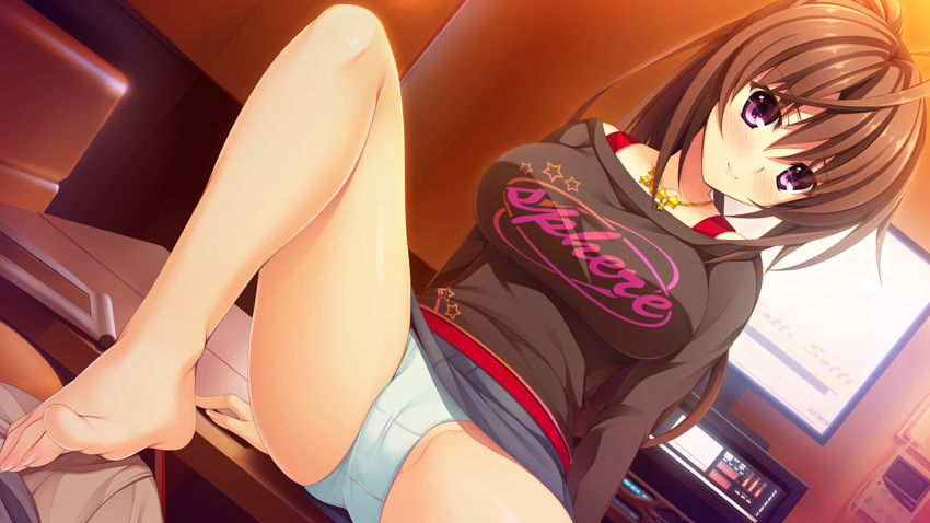 1girl barefoot blush brown_hair feet footjob large_breasts long_hair looking_at_viewer necklace one_leg_raised panties pantyshot pov purple_eyes sitting smile table toes